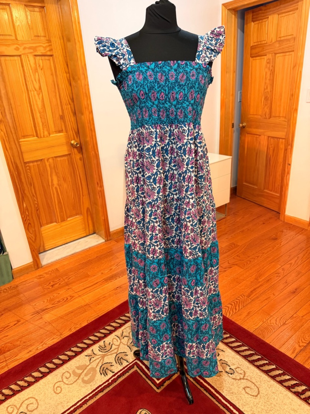 NWOT Bindu Smocked Floral Maxi Dress in Teal and Purple 100%Cotton Size L womens